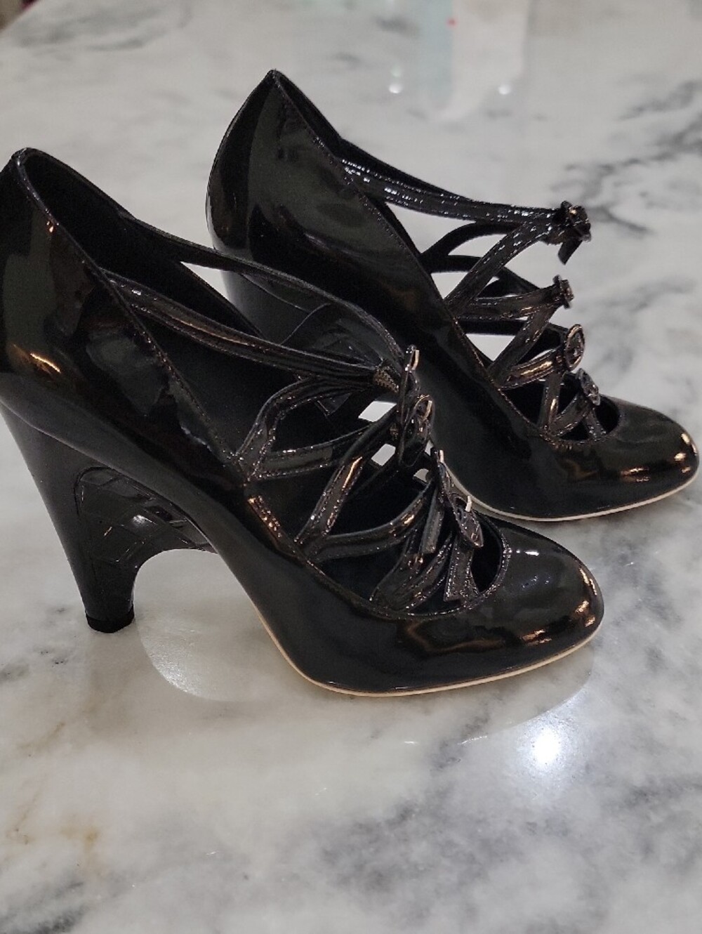 CHANEL Black Patent Leather Multi-Strap Heels